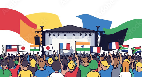 Global Music Festival Concert Crowd Cheering With International Flags Displayed