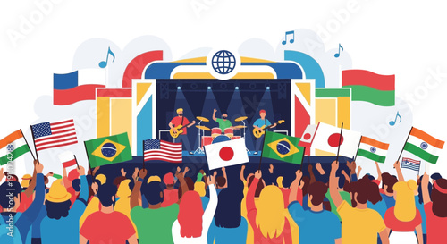 Global Music Festival Concert Crowd Cheering With Flags