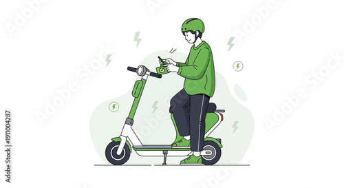 Green Electric Scooter Rider Using Smartphone Modern Transportation And Technology