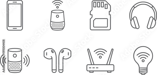 Linear vector icon set for mobile technology and wireless connectivity featuring smart speakers headphones routers memory cards and intelligent light bulb IoT device symbols