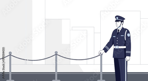 Guard Standing By Stanchion Rope At Event With Modern Buildings