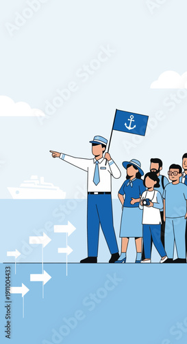 Guided Voyage Expedition Leadership With A Ship And Navigator Showing Direction And Tourist Group