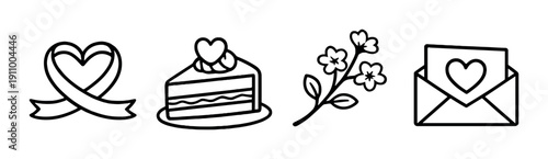 Romantic icons: heart, cake, flowers, and love letter