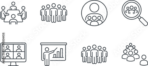 Linear vector icon set for corporate training and leadership featuring team meetings professional coaching online presentations human resources recruitment and business management symbols