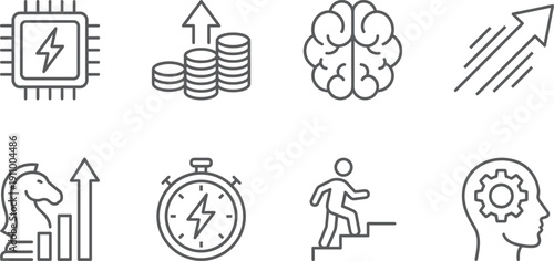Linear vector icon set for business strategy and personal development featuring power processors rising profit coins human brain growth arrows timing and motivational progress symbols