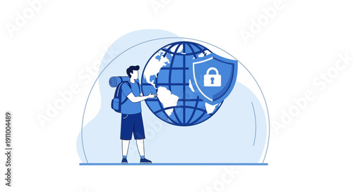 Global Traveler Protecting Data: Illustration of Worldwide Security and Secure Travel