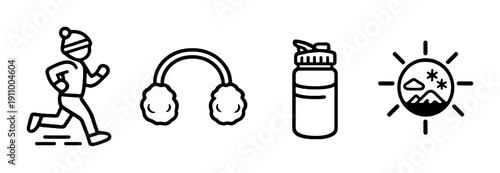 Winter running icon set: jogger, earmuffs, water bottle, sun and snowflake