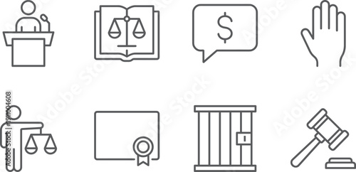 Linear vector icon set for legal system and justice featuring courtroom trials law books judge gavels prison bars certificates and financial litigation symbols for branding