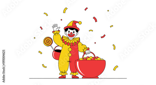 Happy Clown Holding Sweets And Candy In Festive Confetti Celebration