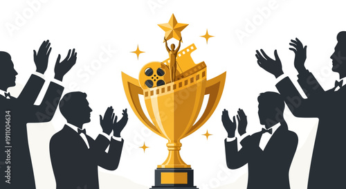 Golden Cinematic Achievement Trophy With Applauding Silhouettes Celebrating Film Awards
