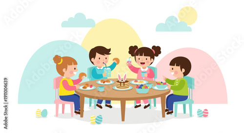 Happy Children Enjoying A Festive Breakfast Together Around A Table