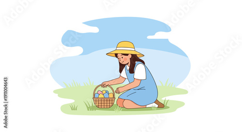 Happy Child Gathering Colorful Easter Eggs in a Wicker Basket Outdoors