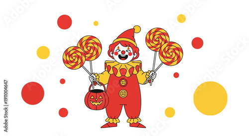 Happy Clown Holding Lollipops and Pumpkin Basket For Halloween Fun