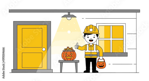 Happy Construction Worker With Halloween Pumpkin Bucket And Candy