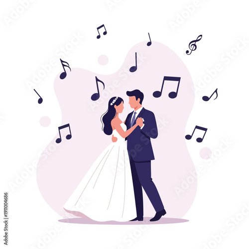 Happy Couple Dancing Joyfully Surrounded By Music Notes Festive Celebration