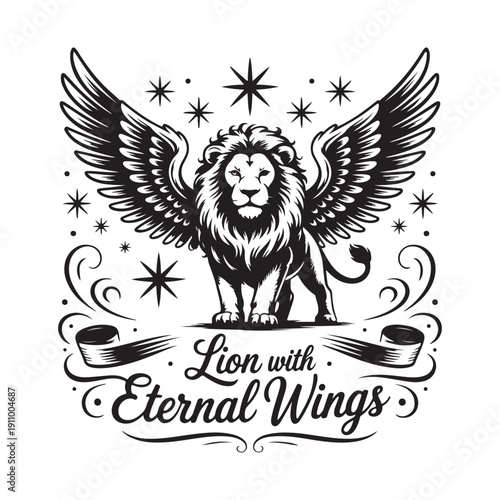 Majestic winged lion standing proudly with its powerful wings spread, framed by celestial stars and decorative scrolls, symbolizing eternal might.