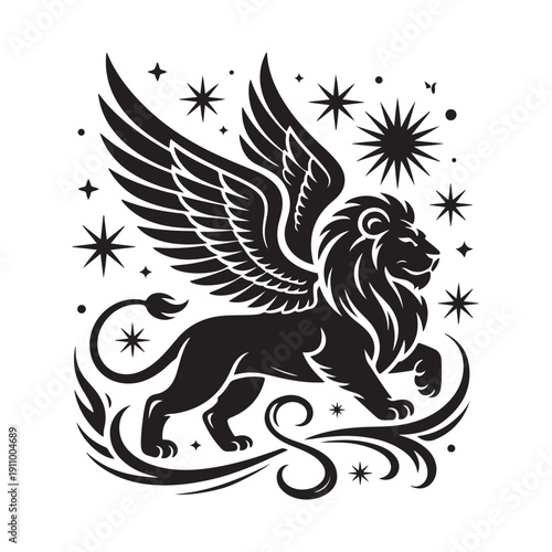 Stylized black silhouette of a powerful winged lion in a dynamic pose, surrounded by celestial stars and swirling artistic flourishes.