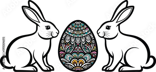 two adorable easter bunnies looking at a beautiful mandala easter egg with intricate colorful designs on a white background spring holiday symbol