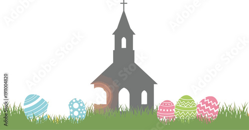 Easter eggs surrounding a church silhouette in grass during sunrise symbolizing religious celebration and renewal in a serene landscape.