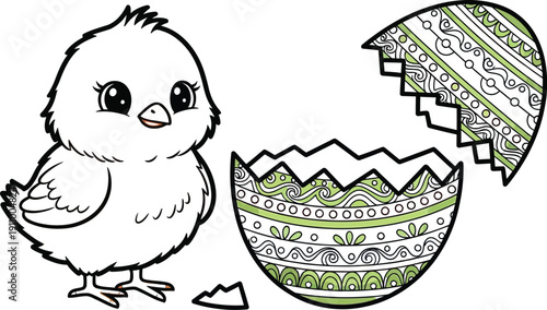 Adorable yellow chick hatches from a colorful easter egg with pastel hues and intricate patterns standing on plain white background with cracked eggshell nearby.