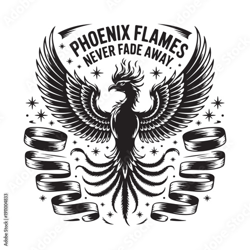 Striking phoenix illustration with grand wings, surrounded by multiple swirling ribbons and countless stars, signifying eternal power.