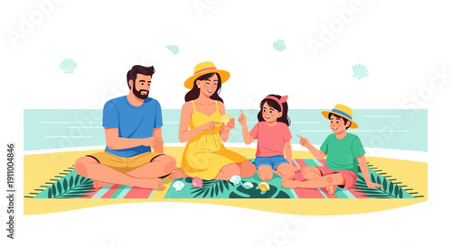 Happy Family Enjoying Beach Picnic Seaside Recreation With Children