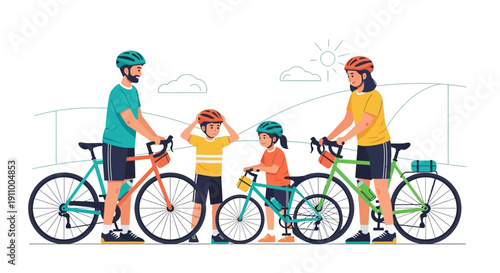 Happy Family Enjoying Cycling Outdoors Together On A Sunny Day Adventure