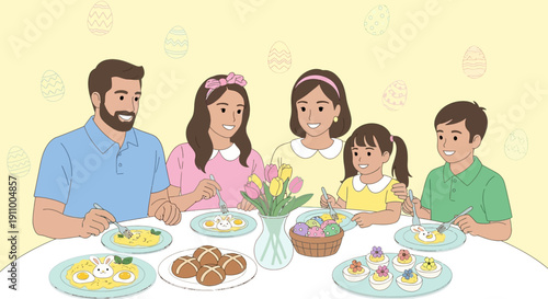 Happy Family Enjoying Festive Easter Meal Together With Decorated Eggs And Pastries