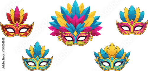 Set of five vibrant carnival masquerade masks featuring colorful feathers and ornate gold patterns for festive party celebration vector illustration