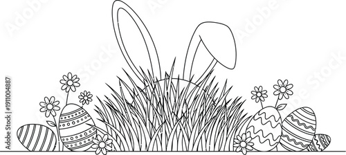 Easter bunny hiding in grass surrounded by decorated eggs and flowers on a clean white background, a simple line drawing style perfect for springtime holiday greeting cards and festive decorations.