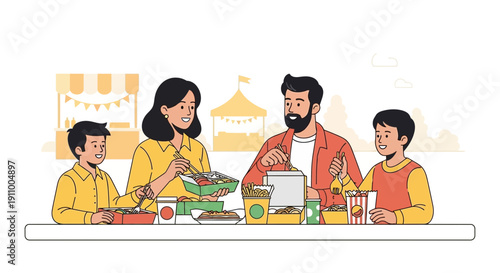 Happy Family Enjoying Takeout Food Together Outdoors At A Lively Street Fair