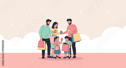 Happy Family Shopping Together With Colorful Bags On A Bright Day
