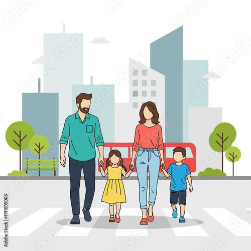 Happy Family Strolling Through Modern Cityscape on Pedestrian Crossing