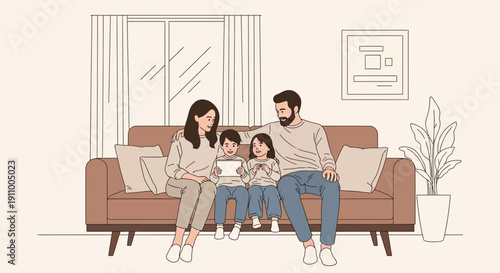 Happy Family Together On Sofa Sharing Tablet Device Relaxing At Home