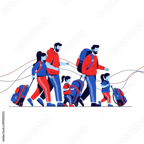 Happy Family Traveling Together With Luggage And Backpacks On White Background