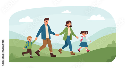 Happy Family Trekking Through Rolling Hills With Backpacks On