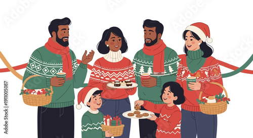 Happy Multiracial Family Sharing Holiday Treats And Drinks Together