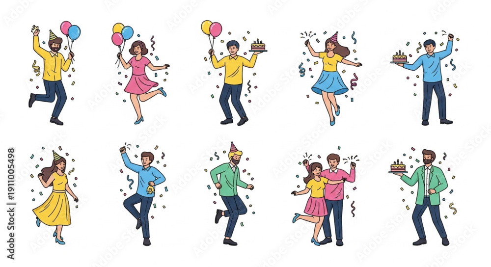 Naklejka premium Diverse People Dancing with Balloons.