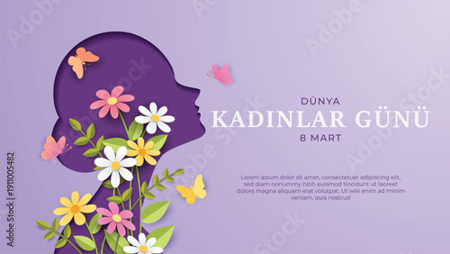 Dünya Kadınlar Günü, Happy Women's Day Greeting Card with Paper Cut Silhouette and Spring Flowers