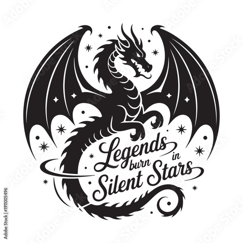 Mythical Dragon Circling with Stars - Legends Burn in Silent Stars Vector Art