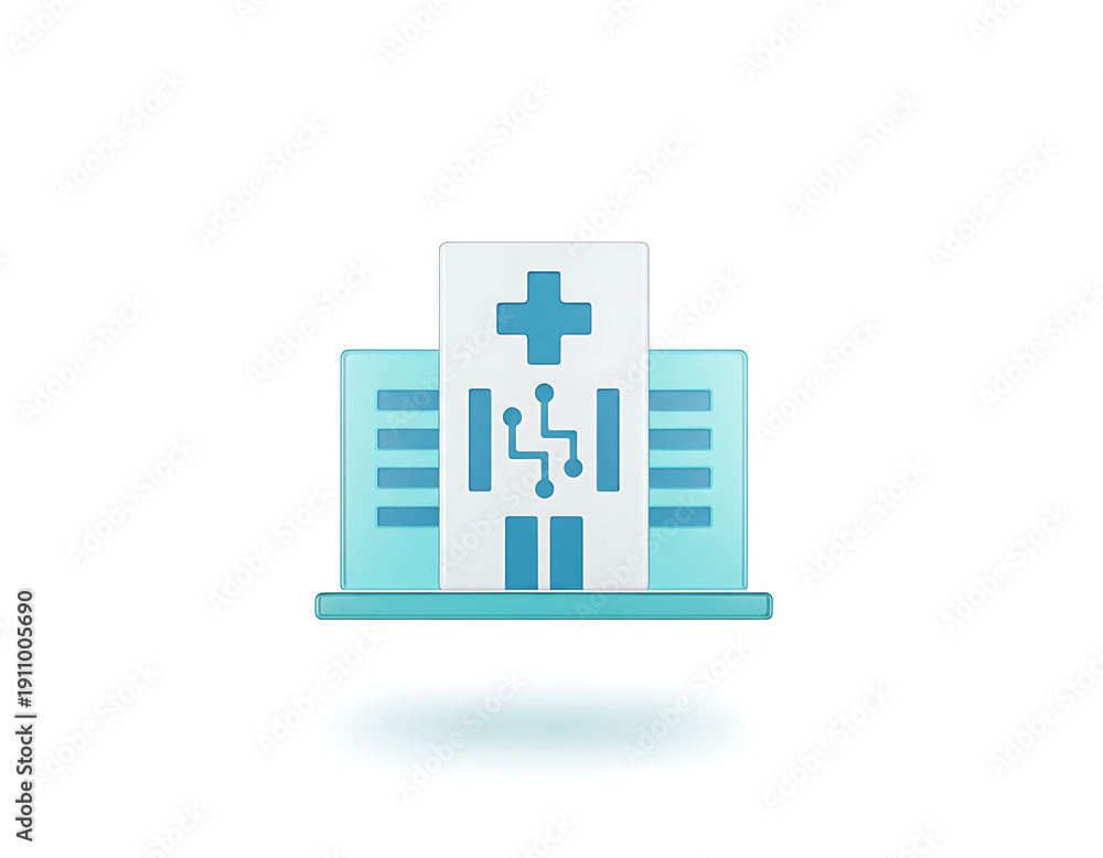 Obraz premium Hospital building icon with medical cross and network symbols, symbolizing modern healthcare facility with digital connectivity and data.