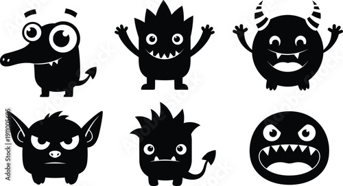 Cute monster character silhouette set featuring funny aliens, spooky creatures, horned demons, and cartoon beast icons for kids vector design projects