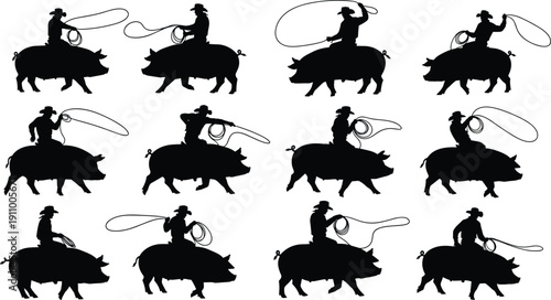 Cowboy Riding Pig Silhouette Set, Western Rodeo Lasso Action Poses, Farm Animal Racing, Country Fair Fun, Funny Swine Rider Outlines,