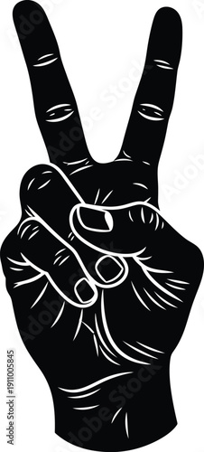 A black and white image of a hand making a peace sign with two fingers raised
