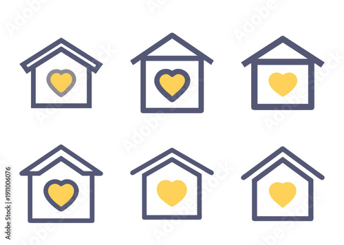 Collection of six house icons each containing a heart within the structure