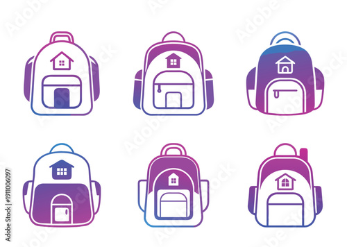 Illustrations of Backpacks Featuring House Icons in Varied Designs and Colors