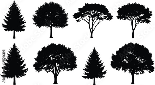 Detailed tree silhouettes set, featuring diverse deciduous and evergreen species for nature, forest, garden, landscaping, environment, and outdoor conservation design.