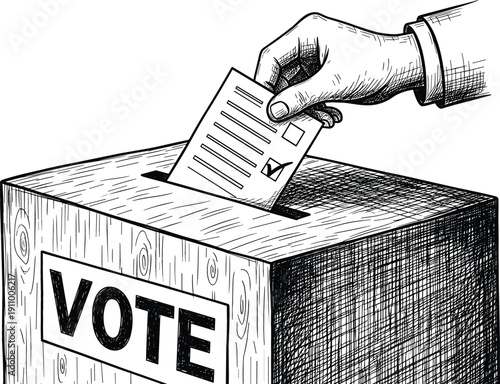 Woodcut style illustration of a hand putting a ballot into a wooden vote box for democratic elections