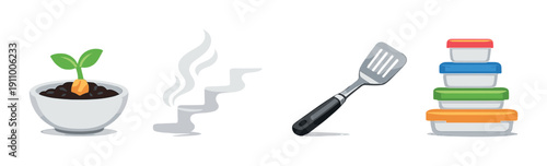 Icons of planting, steaming, cooking, and storage solutions on gray background