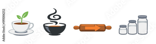 Illustrated coffee and baking icons with plant, steam, rolling pin, jars